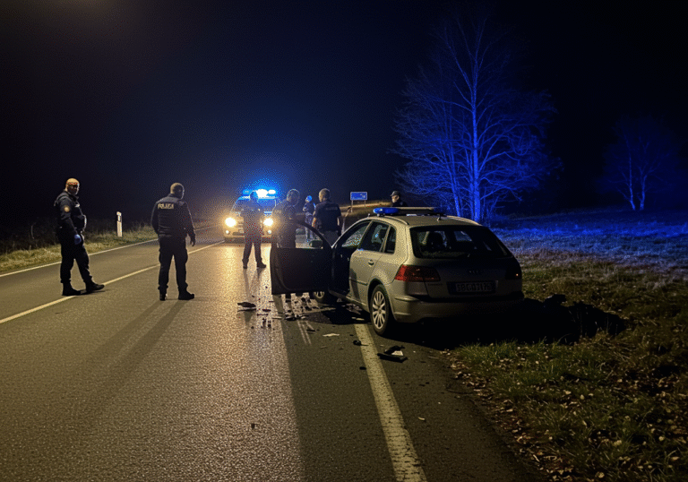 Late night on a dark, rural road near Berek, Croatia. A severely damaged passenger car with visible Austrian license plates is off the side of the asphalt, partially obscured by roadside vegetation. Several Croatian police officers in their dark blue uniforms are conducting an investigation around the vehicle, their figures illuminated by the flashing blue and red lights of a police patrol car parked nearby. The scene is somber and dimly lit, emphasizing the aftermath.