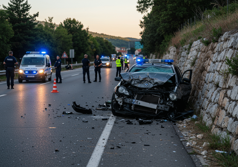 A severely damaged Dutch-registered vehicle rests on State Road D75 near Bale, Istria, Croatia, with its crumpled front end facing a stone-earth embankment. The late afternoon sunlight illuminates the scene, which is cordoned off by Croatian police vehicles with flashing blue lights and orange traffic cones. Police officers and emergency personnel are present, observing the accident site. Debris is scattered across the asphalt roadway, which is closed to traffic, with signs of diversion. The atmosphere is quiet and somber, reflecting the aftermath of a serious incident.