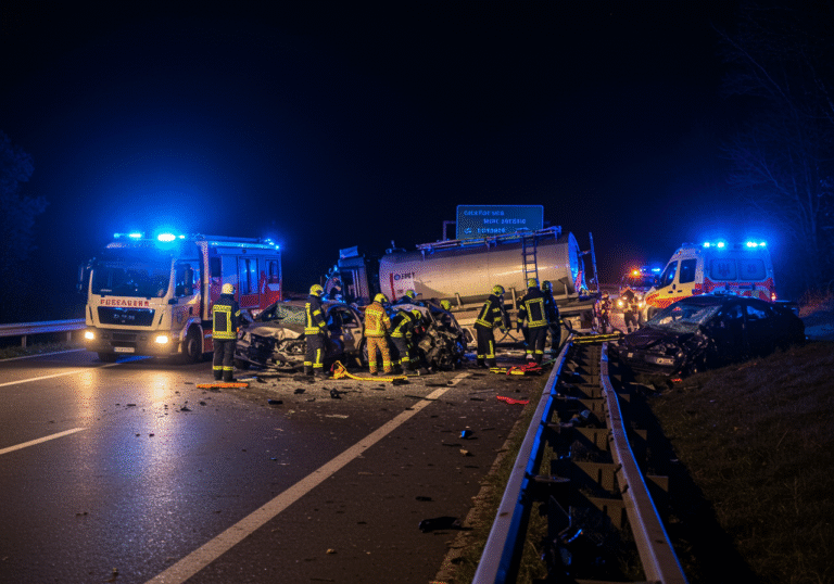 A severe chain collision on the A3 motorway near Rugvica, Croatia, in the early morning hours. An overturned tanker truck lies across multiple lanes, surrounded by the mangled wreckage of five passenger vehicles. Croatian firefighters in reflective gear are actively working to extricate individuals from crushed car interiors, while paramedics attend to injured people on the ground. Flashing blue and red emergency lights from police cars, ambulances, and fire trucks illuminate the debris-strewn asphalt. The highway is completely blocked in one direction towards Zagreb, with a somber and urgent atmosphere as emergency crews manage the chaotic scene.