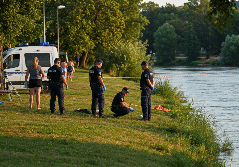 Croatian police officers in official uniforms are conducting an investigation on the grassy bank of the Kupa River, near the water's edge, at the Zibel bathing resort in Sisak, Croatia. It is late afternoon on a clear summer day, with the light casting long shadows. A somber mood is palpable in the popular recreational area, with a few distant, respectful onlookers present. A marked police vehicle is partially visible in the background.