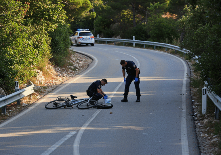 Early morning light illuminates a winding downhill road in Kampor on the island of Rab, Croatia. Two Croatian police officers in standard blue uniforms are meticulously examining the scene of a fatal traffic accident. An overturned and damaged silver electric bicycle lies on the asphalt near the road's edge, partially obscured by a slight drop-off from the pavement. The officers are focused on details on the ground, one perhaps kneeling, with a marked police vehicle parked further up the road. Lush Mediterranean shrubbery and trees line the roadside, casting long shadows and giving the scene a somber, investigative atmosphere.