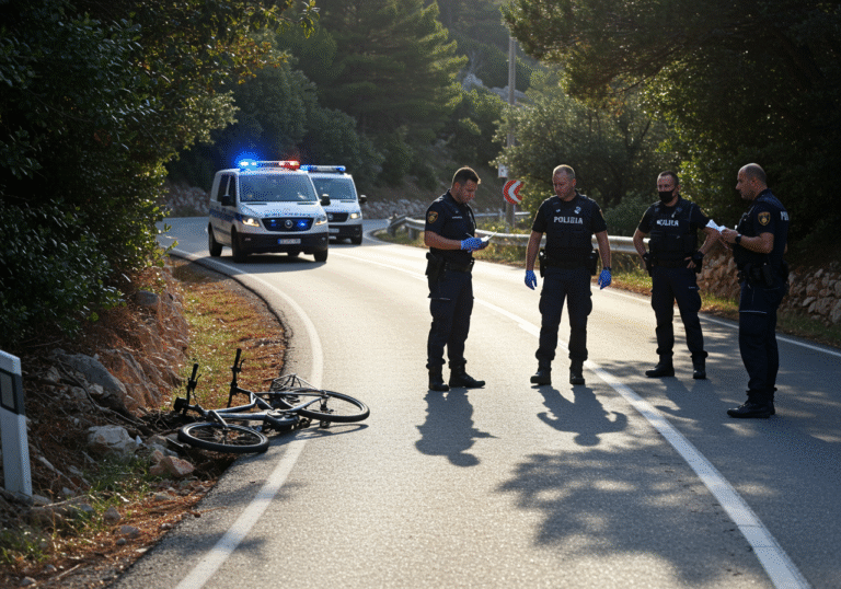 Primorsko-goranska police officers investigate the scene of a fatal electric bicycle accident on a downhill curve of Ulica Kampor Padelin in Kampor, Rab Island, Croatia, on a somber Wednesday morning. An electric bicycle lies beside the rural road, fallen below the asphalt level, with police vehicles parked nearby. The early morning light casts long shadows across the scene, where officers in standard Croatian police uniforms are meticulously documenting the circumstances of the incident. The atmosphere is quiet and serious, reflecting the tragedy.