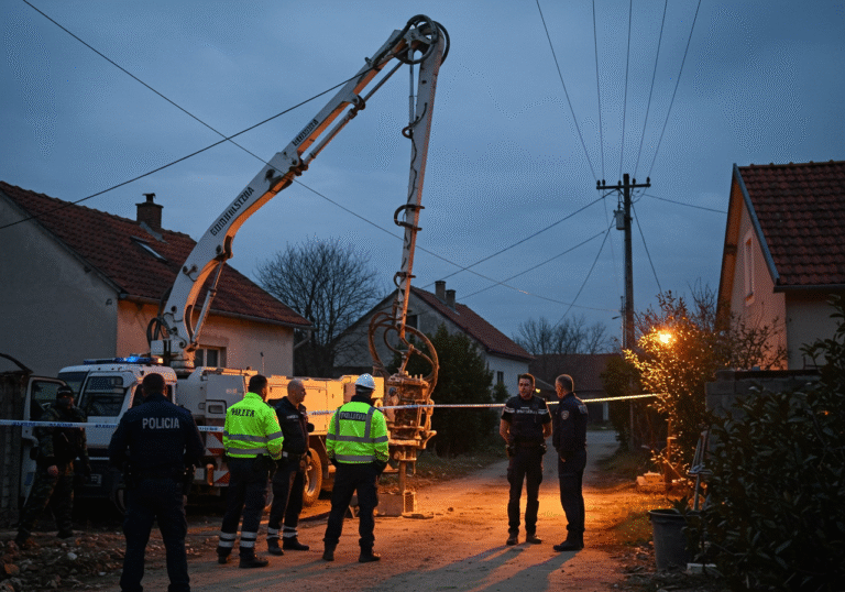 Mid-afternoon in the courtyard of a family house in Gradište, near Županja, Croatia. Croatian police officers from the Županja Border Police Station, a local electricity distribution worker, and a labor safety inspector are gathered, observing the scene of an accident. A concrete pump with a long metal arm is prominently visible in the foreground. Overhead power lines stretch across the background, approximately eight meters above the ground. The light is diffused, creating a serious and reflective atmosphere.