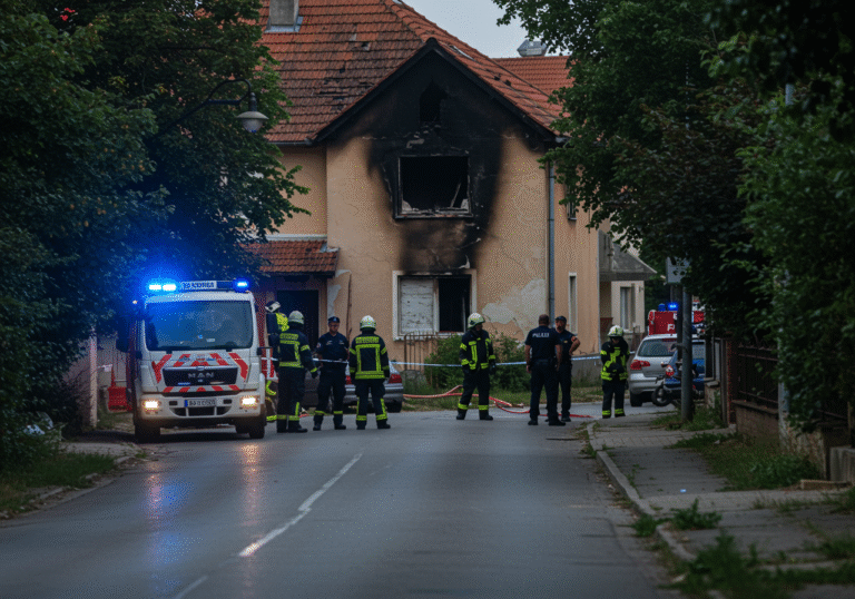 Early morning light over a residential street in Slavonski Brod, Croatia, on August 7, 2025. Croatian police officers and firefighters from Javna vatrogasna postrojba Slavonski Brod are present near a family house in the Zrinski Frankopan neighborhood, which shows clear signs of fire damage, including blackened window frames and a scorched facade. Emergency vehicles with their warning lights gently flashing are parked on the street. The air is still, with a somber atmosphere reflecting the recent tragedy.