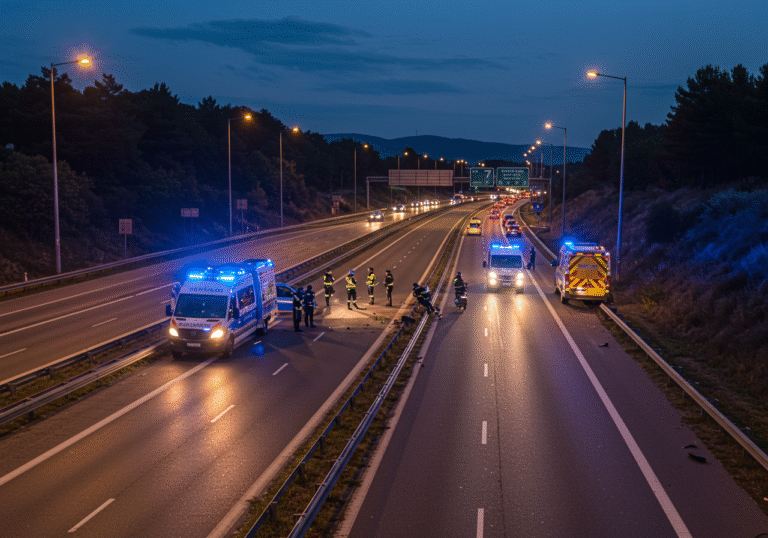 Tragedija na A7: Motociklistica smrtno stradala kod Rijeke An evening scene on the A7 highway near Rijeka, Croatia, shortly after 7:20 PM. The highway is blocked by a serious collision between a motorcycle and a passenger vehicle. Croatian police vehicles are on site, their blue and red emergency lights casting reflections on the asphalt, as officers conduct an investigation around the wreckage. Beyond the immediate accident area, significant traffic congestion and backed-up vehicles are visible as traffic is rerouted off the highway at the Jušići exit, under the dimming twilight sky.
