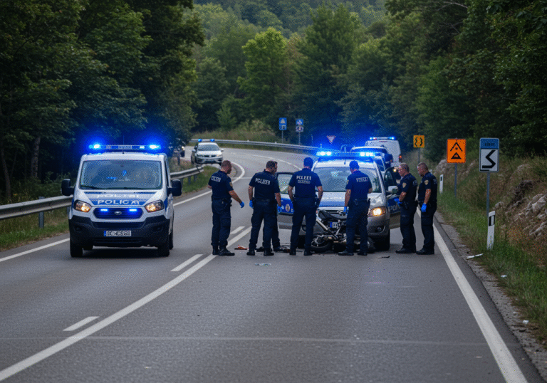 Mid-morning on a clear August day, marked Croatian police vehicles from the Primorje-Gorski Kotar Police Department are parked on state road DC-3, near Lokve in the Gorski kotar region. Officers in uniform are conducting an extensive forensic investigation of a tragic traffic accident. A severely damaged motorcycle and a passenger car are visible on the asphalt. Blue flashing lights from the police vehicles illuminate the scene. Traffic is halted behind the incident, with other vehicles waiting on the winding road that cuts through a forested, hilly landscape. The officers appear focused and serious as they examine the collision site.