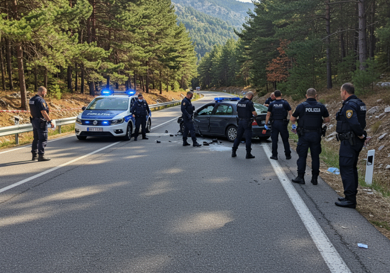 Croatian police officers secure the scene of a serious traffic accident on state road DC3, in the forested Gorski Kotar region near Lokve, Croatia. It is late morning, around 11:10 AM, with natural daylight. A damaged personal vehicle and a motorcycle lie on the asphalt road, which is closed to traffic, indicated by a police car with flashing blue lights and uniformed officers. The surrounding area is characterized by dense coniferous trees and mountainous terrain, typical of the Špičunak area. Officers are seen conducting an investigation, examining the scene. The overall atmosphere is somber and serious.