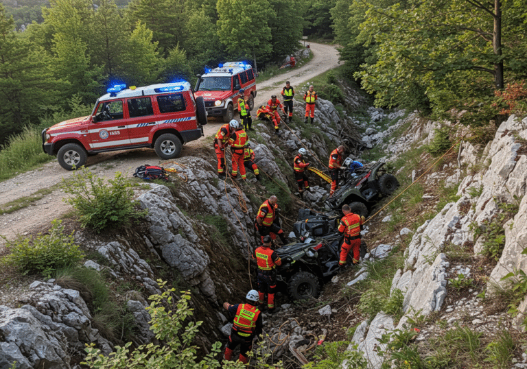 Croatian Mountain Rescue Service (HGSS) members in their distinct uniforms are conducting a challenging rescue operation on rugged, steep terrain near the entrance to Sjeverni Velebit National Park. Two HGSS off-road vehicles are carefully positioned on a narrow, unpaved track overlooking a deep, forested ravine. Rescuers are actively working, some preparing lines to descend towards the bottom where the mangled remains of a quad vehicle are visible amidst dense undergrowth and rocks. The scene is set in the late afternoon on a summer day, with warm sunlight filtering through the trees, casting long shadows and highlighting the difficult, mountainous landscape of Croatia. The atmosphere is somber and focused.