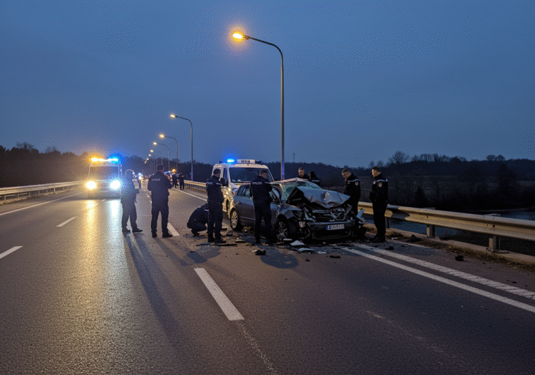 Early morning light at 5:30 AM over Budački Bridge in Gospić, Croatia. The crumpled remains of a passenger car and a commercial van are positioned on the bridge, showing clear signs of a severe collision. Several uniformed Croatian police officers are actively conducting an on-scene investigation, meticulously examining the vehicles and the asphalt. Distant emergency vehicle lights, flashing blue and red, cast subtle reflections on the bridge. The atmosphere is quiet and somber, typical of a serious incident investigation at dawn.