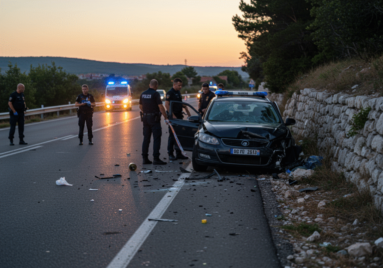 Golden hour light on State road D75 near Bale, Istria, Croatia. A passenger car with Dutch license plates is severely damaged, crashed into a stone-earth embankment at the edge of the road. Croatian police officers, dressed in their uniforms, are actively investigating the scene, moving around the wreckage and scattered debris on the asphalt. Police tape and traffic cones block the road, indicating a closure. Emergency vehicle lights are visible in the distance. The atmosphere is somber and quiet, reflecting the gravity of the event.