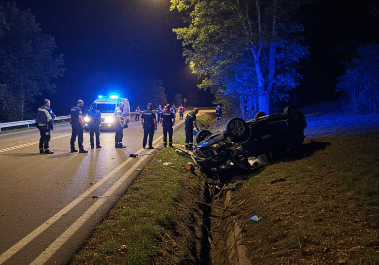 Evening light at dusk illuminates a serious traffic accident scene on a curvy road between Šarengrad and Bapska, Vukovar-Srijem County, Croatia. A heavily damaged car is overturned, resting in a deep drainage ditch alongside the road, its left side clearly impacted by a nearby tree trunk. Several Croatian police officers in dark blue uniforms are actively investigating the site, their patrol vehicles parked on the asphalt with flashing blue lights casting a somber glow. Medical personnel in uniforms are present near an ambulance, observing the scene. The overall atmosphere is solemn and reflects the tragic outcome.