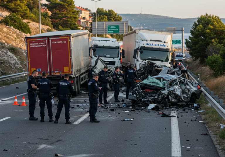Mid-morning daylight illuminates the chaotic aftermath of a severe multi-vehicle traffic accident on state road D-8 in Šibenik, Croatia. Multiple heavily damaged large trucks and a crushed passenger car are scattered across both lanes of the highway, indicating a complex chain collision. Croatian police officers in official dark blue uniforms are actively conducting an investigation, examining the wreckage and documenting the scene with a somber atmosphere. The road descends on a gentle downhill slope, with typical Croatian coastal landscape visible in the background.