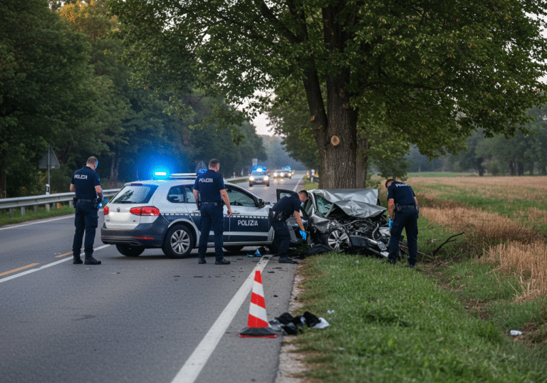 Early morning light, around 8 AM, on state road D66 in Valtura, Istria, Croatia. Istrian police officers, dressed in dark blue uniforms, are meticulously investigating the scene of a severe car accident. A significantly damaged passenger vehicle is wedged against a large tree just off the roadside. A Croatian police car with flashing blue lights is parked nearby, and traffic cones are set up, indicating temporary road regulation on the otherwise calm, rural Croatian highway.
