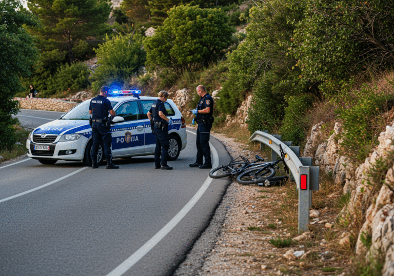 Early morning light on a clear summer day in Kampor, Rab island, Croatia. Croatian police officers are conducting an investigation at the scene of a fatal electric bicycle accident. A white and blue Croatian police car is parked on the side of a winding, slightly downhill road. An electric bicycle, possibly damaged, lies on the ground below the level of the road, having veered off a sharp curve. The scene conveys a somber, serious atmosphere, with focused officers, but without showing any victims directly. The surrounding vegetation is typical of a Mediterranean island.