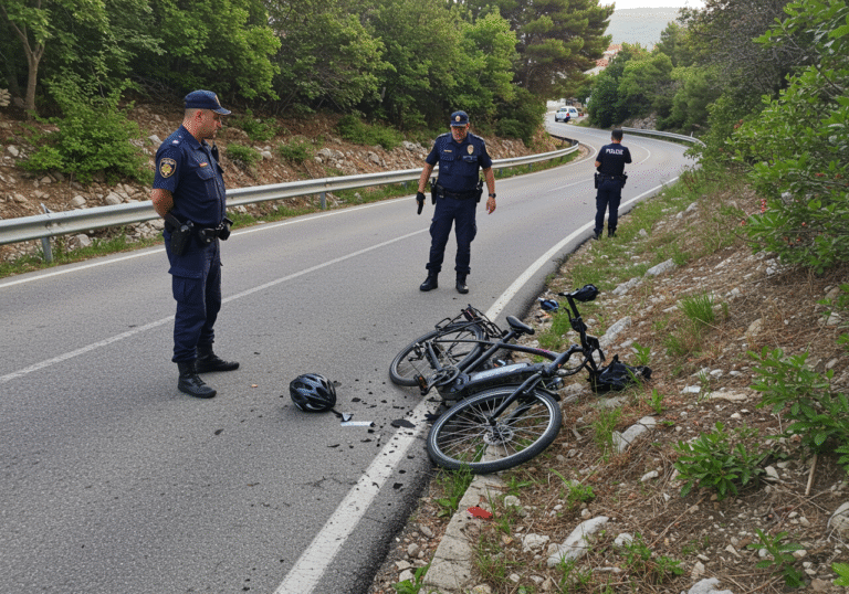 A somber morning scene at approximately 7:10 AM on a winding, downhill road in Kampor, on the Croatian island of Rab. Croatian police officers in their official uniforms are conducting an on-site investigation. An electric bicycle, visibly damaged, lies off the roadway, significantly below the level of the asphalt, in a sloped, vegetated area. The curved road segment implies the scene of a recent incident. The atmosphere is quiet, illuminated by soft early morning sunlight. No protective helmet is visible near the bicycle.