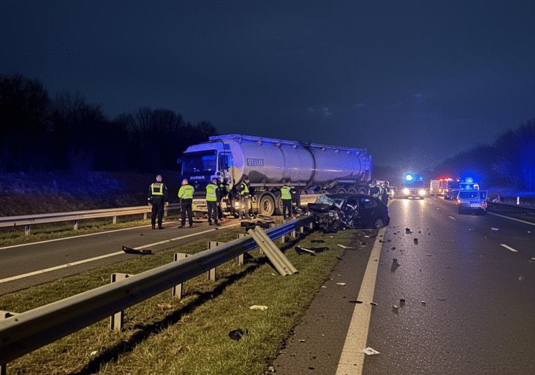 Jedna osoba poginula, četiri ozlijeđene u teškoj nesreći na A3 kod Rugvice; autocesta satima zatvorena A somber pre-dawn scene on the A3 highway near Rugvica, Croatia, following a major traffic accident. An overturned large tanker truck lies horizontally across the asphalt, its body visibly damaged. Several passenger vehicles are severely crumpled and scattered around the tanker and on the highway shoulders, including a dark sedan with significant impact damage. Croatian police officers in reflective vests are methodically surveying the wreckage, their figures illuminated by the flashing blue and red emergency lights from nearby police vehicles. The metal guardrail along the highway is bent and broken in several places. The sky is dark, just before dawn, giving a stark, serious atmosphere to the scene of investigation.