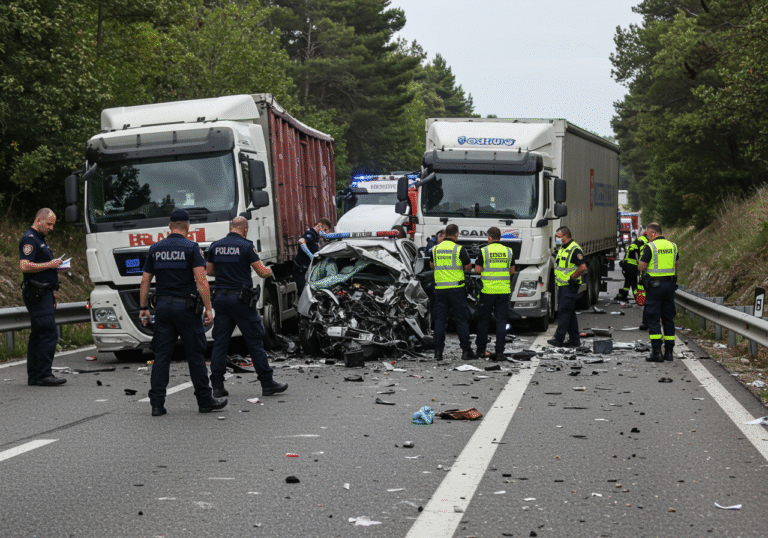 A somber mid-morning scene on state road D-8 in Šibenik, Croatia, following a fatal multi-vehicle traffic collision. Severely damaged commercial trucks and a crumpled personal car are visible on the downhill section of the highway, obstructing traffic. Croatian police officers in uniform are actively investigating the crash site, documenting evidence and directing operations. Paramedics and other emergency service personnel are present, moving around the wreckage. Debris litters the asphalt under clear daylight, conveying the gravity of the incident.