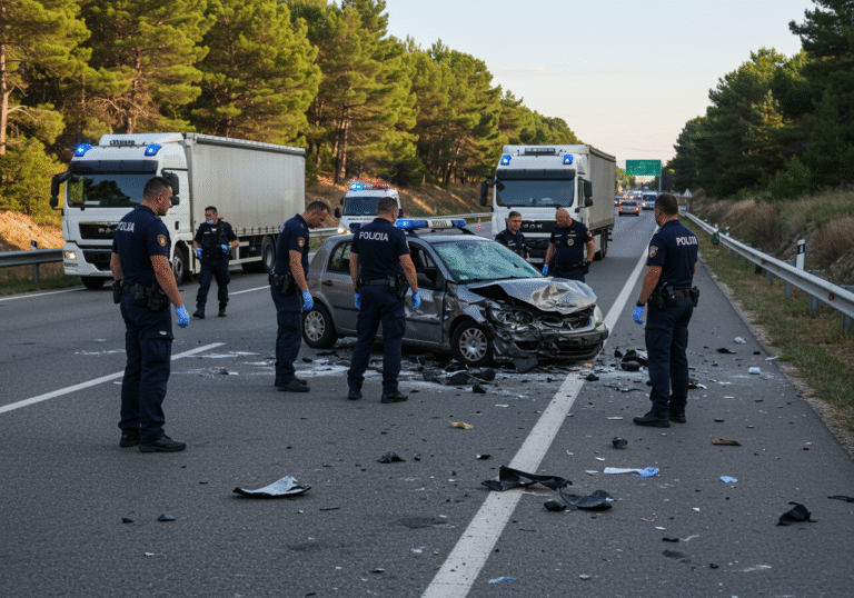 Croatian police officers in uniform conducting an extensive on-site investigation of a serious traffic accident on the D-8 state road, part of the Jadranska magistrala, at the 'Tri trake' section near the entrance to Šibenik, Croatia. A significantly damaged personal car and a large truck are visible on the asphalt. Emergency vehicles are present with flashing lights. It is mid-morning under clear skies, with natural daylight illuminating the scene. Debris is scattered around the collision site.