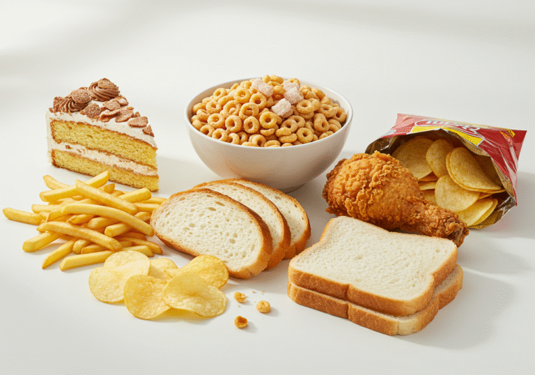 An editorial still life photo of various processed and high-sugar foods known to be detrimental to liver health, arranged on a minimalist white surface in soft, natural daylight. The composition features a slice of frosted cake, a bowl of sugary breakfast cereal, a pile of crispy french fries, a piece of fried chicken, a bag of potato chips, several slices of white bread, and a small portion of cooked white pasta. The image has a clean, sharp focus, emphasizing the textures and appearance of each food item, conveying an informative and cautionary tone suitable for a health-focused news publication.