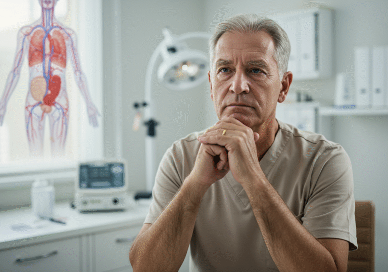 A thoughtful senior man, appearing to be in his late 60s, is seated in a well-lit, professional medical consultation room. His expression is serious and slightly concerned, reflecting a deep contemplation. In the soft-focus background, a subtle arrangement of scientific equipment and a blurred, abstract medical diagram hint at the complexities of the human circulatory system. Natural, diffused light fills the room, creating a somber, editorial atmosphere. He is dressed in clean, neutral attire suitable for a clinic visit.