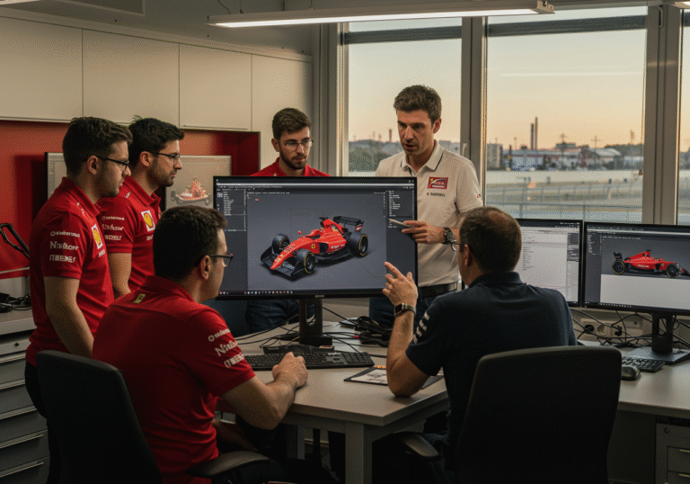 Senior Ferrari engineers and technical partner Loex Serah in a modern design studio within Ferrari's technical offices in Maranello, Italy. They are gathered around a large monitor displaying complex CAD models of a 2026 Formula 1 car chassis. Serah, a former Mercedes vehicle dynamics chief, gestures towards specific aerodynamic elements on the screen while discussing design adjustments with the Italian engineers. The atmosphere is focused and collaborative, reflecting a strategic shift in car philosophy. Late afternoon light streams through a large window, illuminating the high-tech workspace with various engineering tools and equipment. The digital F1 car model on screen exhibits early conceptual design characteristics for the upcoming regulation changes, tailored for a specific driving approach.