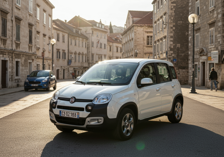 A pristine white Fiat Panda 1.0 hybrid, parked on a sunlit street in a Croatian city. The car appears clean and inviting, reflecting its status as the most affordable new car. Behind it, a mix of historic stone buildings and contemporary urban architecture typical of Croatia line the street. A modern, compact Leapmotor T03 electric car is visible further down the street, subtly hinting at the evolving competition in the Croatian city car market.