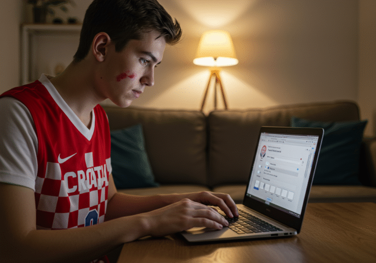 A young Croatian basketball fan, wearing a red and white checkered national team jersey, is intently focused on a laptop screen in a warmly lit, casual living room. The screen displays a generic online poll interface, suggesting an MVP vote for a basketball tournament. The fan's expression is one of engaged concentration and anticipation. Natural indoor lighting illuminates the scene, highlighting the fan's hands on the keyboard or trackpad.