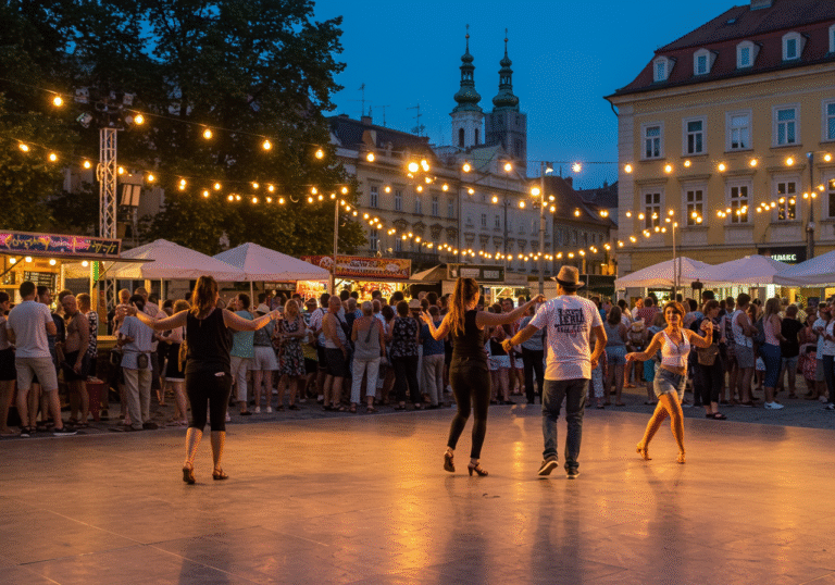 A vibrant late summer evening scene at Josip Juraj Strossmayer Square in Zagreb, Croatia, during the 'Fiesta Latina' festival. The square is alive with a diverse crowd of people, some gathered around colorful food stalls savoring authentic Latin American dishes like tacos, empanadas, and churros, while others enjoy classic cocktails from a lively outdoor bar. In the foreground, couples are energetically dancing salsa and bachata on an open-air dance floor, guided by an instructor from Plesni centar MegaDance, their movements reflecting the joyful rhythm of Latin music. Festive string lights hang overhead, casting a warm, inviting glow over the bustling scene, with the distinctive architecture of Zagreb visible in the softly lit background, capturing the essence of a lively cultural celebration.