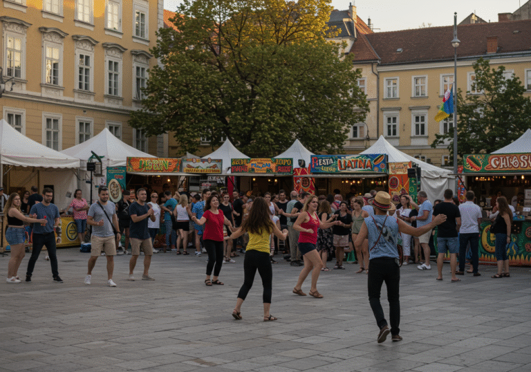 A vibrant, late afternoon scene at the Fiesta Latina festival on Strossmayer Square in Zagreb, Croatia. A diverse crowd of people joyfully participate in an outdoor salsa dance lesson led by an instructor, their movements energetic. In the background, a row of decorated food stalls serves Latin American street food such as tacos and churros, with people queuing and enjoying drinks like Mojitos. The square is bustling with activity, adorned with colorful, South American-themed decorations, under the warm, golden light of the setting sun illuminating the surrounding historic Zagreb architecture.