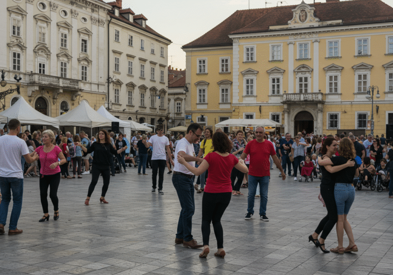 A bustling city square in the heart of Zagreb, Croatia, alive with the energy of the 'Fiesta Latina' event. People of diverse ages are joyfully dancing salsa, merengue, and tango in the warm glow of late afternoon sunlight. Dancers wear comfortable, vibrant attire, moving with passion and enthusiasm. Historic Zagreb architecture forms the backdrop, hinting at the city's European character seamlessly blending with the lively Latin American rhythms. The scene captures the unique cultural transformation and festive atmosphere.