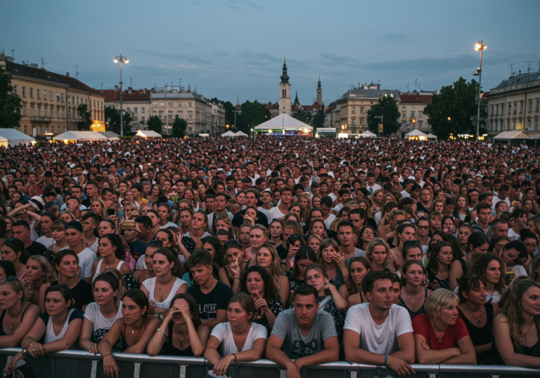 A wide, atmospheric photograph capturing a massive open-air concert crowd filling a large public space in Zagreb, Croatia, on a warm summer evening in early July. Thousands of people are densely packed, their faces partially illuminated by the soft glow of twilight and distant stage lights. The crowd exhibits a mix of expressions, ranging from intense concentration towards an unseen stage to quiet interaction among individuals. The scene captures the sheer scale of the gathering, set against the indistinct silhouettes of Croatian city buildings, with a palpable sense of focused collective energy in the air.