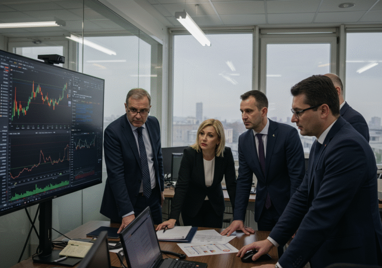 A small group of financial professionals, dressed in sharp business attire, intently observe a large monitor displaying abstract financial data charts within a modern, well-lit financial office in Zagreb, Croatia. Their expressions convey focused analysis and immediate reaction to news, possibly discussing the significant 5.26% rise in Zagreb Stock Exchange (ZSE) share prices on a bright Friday morning. Natural light streams through large windows, illuminating a contemporary Croatian office interior, emphasizing a serious and responsive financial environment.