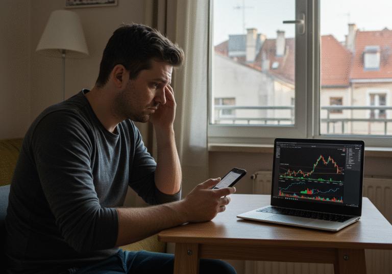 A Croatian person in their mid-thirties sits at a simple wooden desk in their apartment's living room, bathed in soft, late afternoon natural light from a window. They are holding a mobile phone displaying a bank account overview, their expression pensive and slightly concerned. On the desk beside them, a laptop screen clearly shows a volatile cryptocurrency trading chart, with sharp upward and downward trends. The room is modest and tidy, with a subtle view of typical Croatian urban architecture outside the window, reflecting everyday life in Croatia. The atmosphere is quiet, highlighting a moment of financial contemplation.