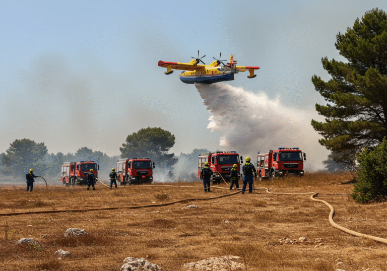 Mid-afternoon in Radašinovci, Zadar County, Croatia, a wildfire rages through dry grass, low vegetation, and macchia. Croatian firefighters in blue and orange uniforms are on the ground, actively deploying hoses from multiple fire trucks. Smoke billows across the arid landscape. Overhead, a Canadair CL 415 amphibious aircraft is captured mid-air, making a crucial water drop onto the burning area. The scene depicts an intense, coordinated effort to contain the blaze under the bright August sun.