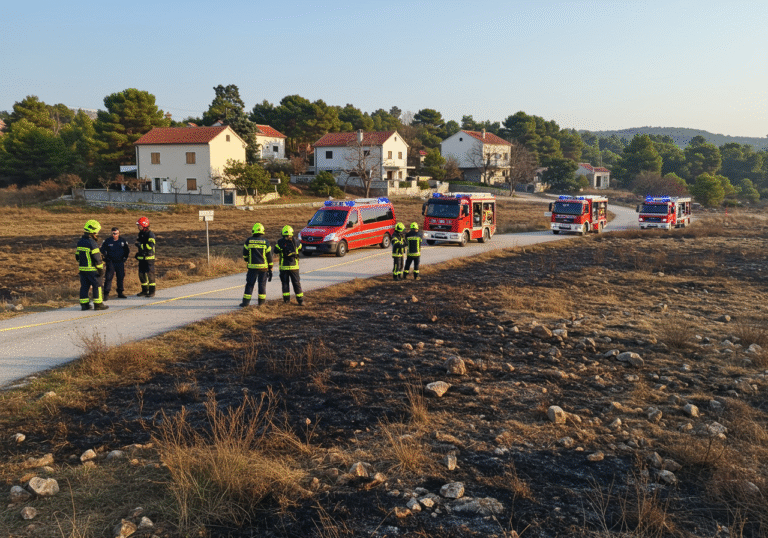 Late afternoon in the Rupotina settlement above Solin, Croatia. Firefighters from DVD Solin, in their professional gear, are standing alongside officers from Solin Police Station at the site of a recently localized wildfire. The ground is visibly charred with patches of scorched dry grass and low vegetation. Residential buildings are safely in the background, untouched by the flames, beyond the fire-affected area. Several specialized fire vehicles are parked on a dusty access road. Croatian police officers are observing the scene as firefighters continue to secure the perimeter. The sky is clear and bright, indicating a warm, dry day.