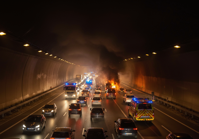 A vehicle fire inside the Sveti Rok tunnel on Croatia's A1 highway in the afternoon of August 10, 2025. Dense smoke billows from the burning vehicle, filling the tunnel. Croatian emergency services vehicles with flashing lights are present, partially obscured by the smoke and halted traffic. A multi-kilometer queue of passenger cars and trucks is visible stretching into the distance towards Zagreb, their headlights and taillights forming a long line in the dim tunnel light. The scene depicts a significant traffic disruption and congestion.