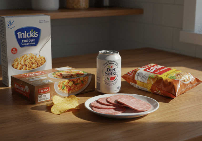 A contemporary kitchen counter under clear, diffused natural daylight. Arranged on the surface are several common food items, presented realistically. A plain, unbranded box of a frozen ready meal sits near an unlabelled can of diet soft drink. Adjacent to these, an open, generic bag of potato chips lies casually. A small plate displays slices of unbranded processed meat, resembling deli ham. In the background, a simple, unbranded box of sweetened breakfast cereal is visible on a shelf. The scene is clean, well-lit, and emphasizes the ubiquitous nature of these household foods.