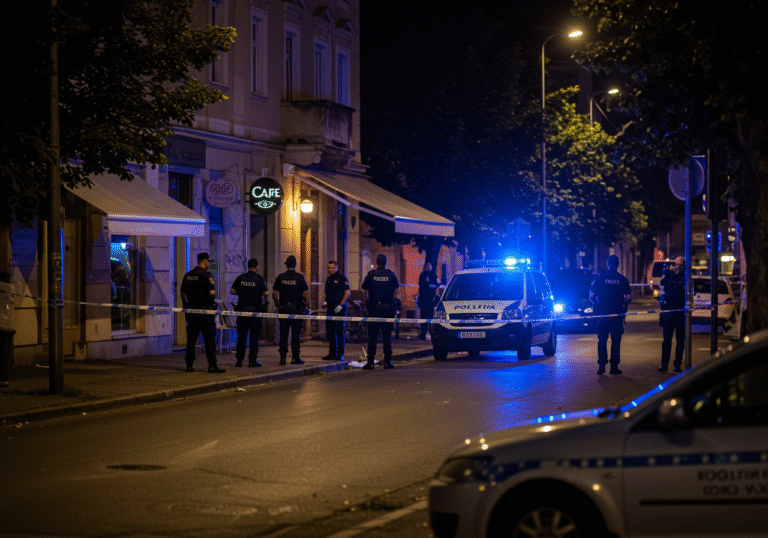 Late evening, August 3, 2025, Zagreb, Croatia. Croatian police officers secure Hrvatskog sokola Street in the Jarun neighborhood. Blue and white police tape blocks access to a section of the road in front of a cafe, illuminated by the glow of streetlights and flashing blue lights from parked police vehicles. Officers are visible, some standing guard, others meticulously examining the ground, which appears disturbed. The scene is quiet, reflecting an ongoing criminal investigation into a physical altercation that occurred earlier, the cafe entrance partially visible in the background.