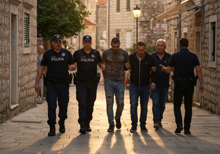 Late afternoon sun casts long shadows on a street in Kaštel Sućurac, Croatia. Two Croatian police officers in dark blue uniforms escort a handcuffed 35-year-old man and a 30-year-old man, both looking disheveled, away from the scene. Another Croatian police officer stands nearby, engaging with a 52-year-old man. The background features typical Mediterranean stone buildings and some onlookers. The atmosphere is serious, reflecting the aftermath of a physical altercation and police intervention.