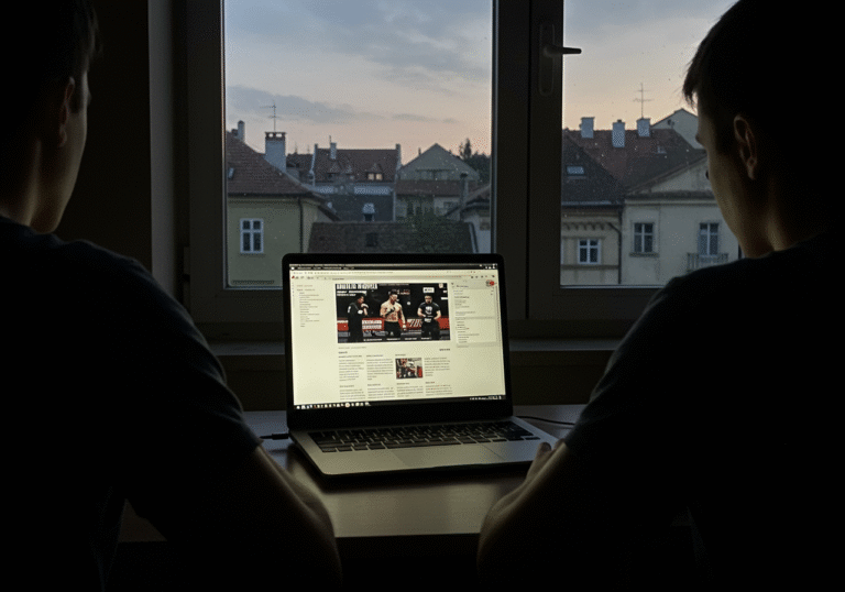 A person sits at a desk, illuminated by the glow of a laptop screen, their shoulders slightly hunched in concentration. The laptop screen displays a web browser with a generic news article layout, appearing to be a combat sports or event website, but without specific text. Through a window behind the desk, a muted, realistic view of traditional residential buildings in Zagreb is visible under a soft, overcast daytime sky. The scene conveys a quiet, persistent effort to find information, with a subtle undertone of difficulty.