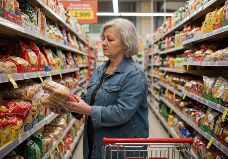 A candid, realistic photograph of a Croatian shopper, a woman in her 50s, meticulously examining the price of bread on a supermarket shelf in Croatia. Her expression is one of slight concern and careful consideration. The brightly lit grocery store aisle is clean, with various food items neatly displayed. A shopping cart with a few items is visible beside her. The general atmosphere suggests the strain of rising living costs in the country. Daytime, natural light.
