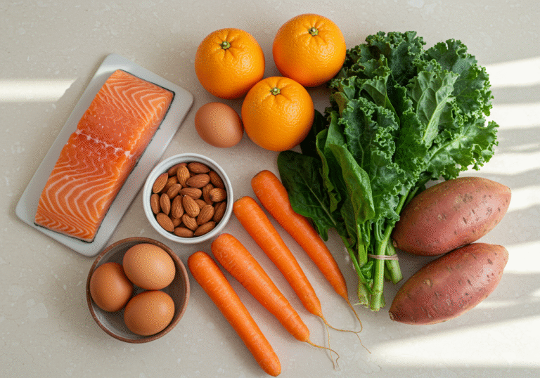 An overhead shot of a clean kitchen countertop featuring a vibrant, artfully arranged display of fresh foods known to support eye health. The selection includes a glistening salmon fillet, several brown eggs nestled in a small ceramic bowl, a handful of whole almonds, bright oranges, deep green kale and spinach leaves, several long orange carrots, and a rustic sweet potato. Natural daylight streams in, highlighting the rich colors and textures of the ingredients. The composition is clean and inviting, emphasizing freshness and wellness.