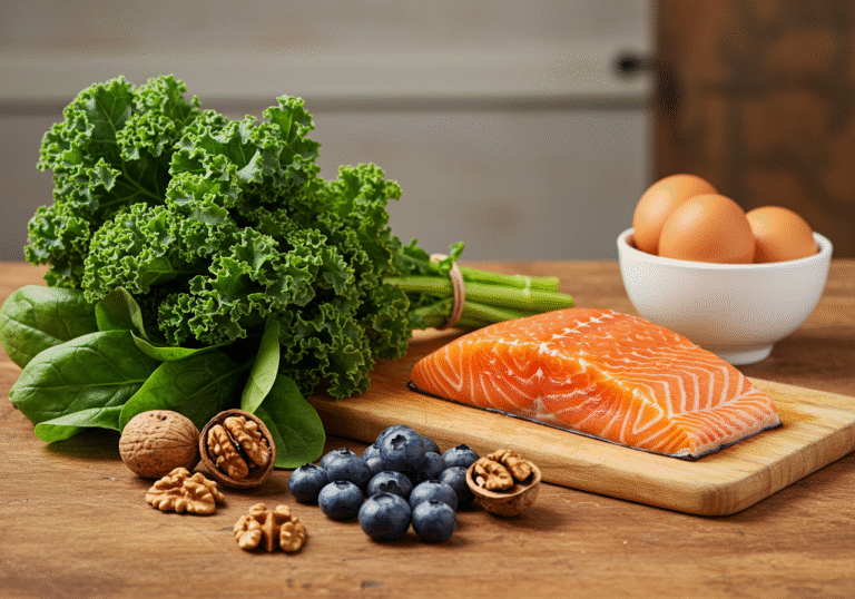 A beautifully composed still life on a rustic kitchen counter, featuring a collection of foods essential for brain health. A vibrant bunch of fresh green kale and spinach leaves are displayed beside a small bowl of fresh eggs. A glistening salmon fillet rests on a cutting board, while a scattering of dark blueberries and whole walnuts are artfully arranged nearby. The scene is bathed in soft, natural daylight, highlighting the rich colors and textures of the wholesome ingredients, evoking a sense of nutrition and well-being.