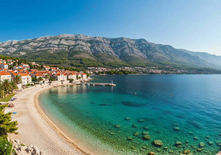 A panoramic view of the Central Dalmatian coast in Croatia, showcasing its diverse landscape. In the foreground, a pristine pebble beach meets the crystal-clear turquoise waters of the Adriatic Sea under a bright, clear sky. Traditional Mediterranean stone architecture with red-tiled roofs of a charming coastal town is nestled along the shoreline. In the background, the rugged, verdant mountains of the Dalmatian hinterland rise dramatically, illustrating the region's natural beauty and connection between shore and mountains. Midday natural light, editorial travel photography.