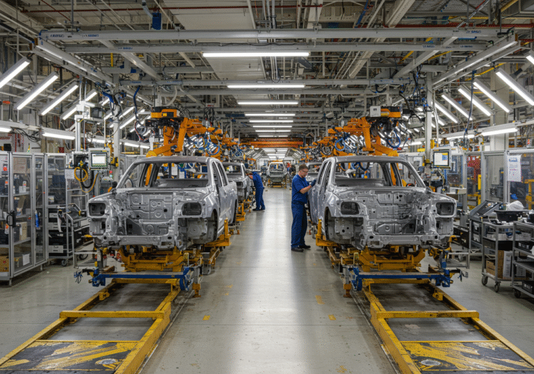 A photorealistic wide view inside the advanced Ford factory in Louisville, United States, showcasing the innovative Ford Universal EV Production System. Multiple parallel assembly lines are in operation, with distinct sections for vehicle front assemblies, rear sections, and structural battery units. Workers in blue Ford uniforms and safety gear are focused on precise assembly tasks, surrounded by modern industrial machinery and robotic arms. The factory floor is brightly lit with overhead industrial lighting, emphasizing a clean, high-tech manufacturing environment. Partially assembled electric pick-up truck frames are visible on the lines, demonstrating the efficiency of the new production method.