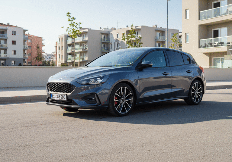 A 2019 Ford Focus 2.0 TDCi ST Line parked neatly on a clean, sunlit street in a contemporary Croatian residential area. The car's dynamic ST Line design is clearly visible, with its alloy wheels prominent, showcasing new Hankook Ventus Prime 4 tires. In the background, modern Croatian apartment buildings are visible under a bright, clear sky. Natural daylight illuminates the scene, capturing the car in a professional, editorial photography style.