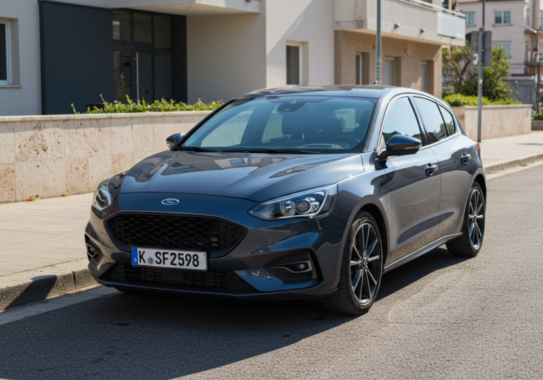 A sleek, well-maintained 2019 Ford Focus ST Line hatchback in a dynamic color, parked on a modern city street in Croatia during daylight hours. The car's sporty design, featuring its distinctive grille and sharp adaptive LED headlights, is prominently visible. Sunlight reflects off its clean bodywork, highlighting its elegant lines and detailing. In the background, typical contemporary Croatian urban architecture creates a natural, authentic setting.