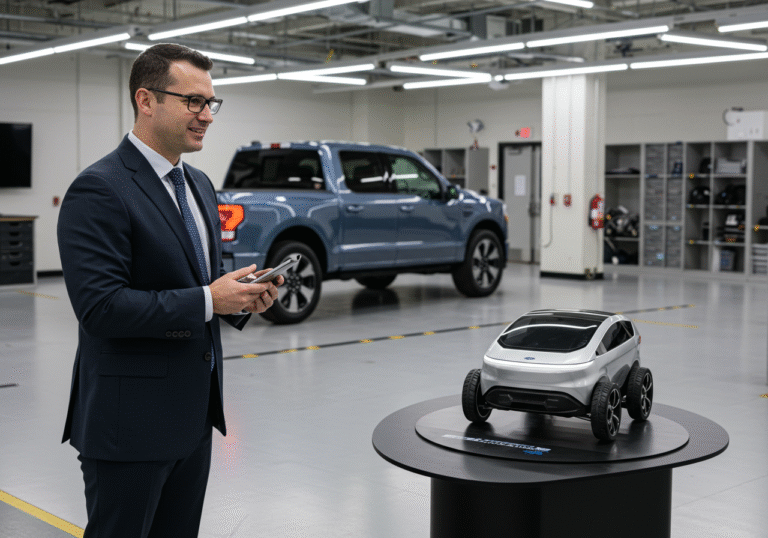 A professional, clean interior view of a Ford Motor Company design or development studio. In the background, a modern Ford F-150 Lightning electric pickup is visible. In the foreground, subtly highlighted by soft studio lighting, a sleek, small-scale concept model of a compact electric vehicle sits on a display stand, symbolizing the company's strategic shift. The environment is orderly and future-oriented, reflecting a corporate focus on efficiency and new market segments.