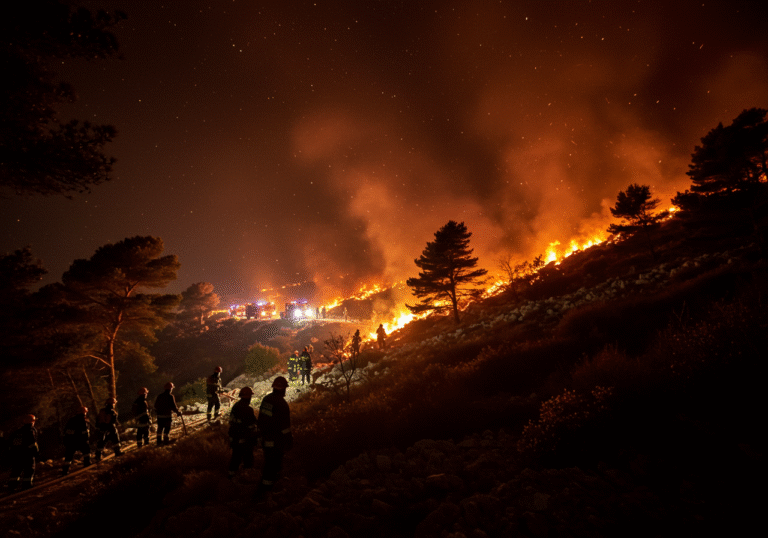 Night photograph of a large wildfire raging on the island of Brač, Croatia, specifically in the Podhumlje area above Milna. Intense orange and red flames engulf dense pine forest and low-lying macchia on rugged, inaccessible terrain. Croatian volunteer firefighters, wearing dark protective gear and helmets, are actively battling the blaze in the immediate foreground, illuminated by the fire's fierce glow. Heavy smoke billows across the dark night sky, obscuring distant features. The headlights of multiple Croatian fire trucks are visible on a narrow, unpaved road in the middle distance, indicating the challenging conditions of the ongoing overnight operation.