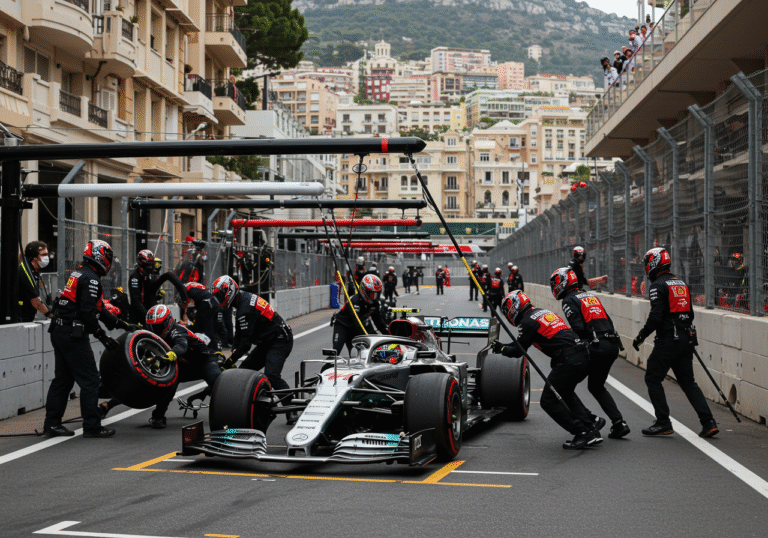 A modern Formula 1 car making a tire change during a pit stop on race day at the Monaco Grand Prix. Pit crew members are intensely focused in the bustling pit lane, with the iconic Monte Carlo street circuit's barriers and multi-story buildings visible in the background under bright daylight, capturing the high-stakes environment of strategic racing.